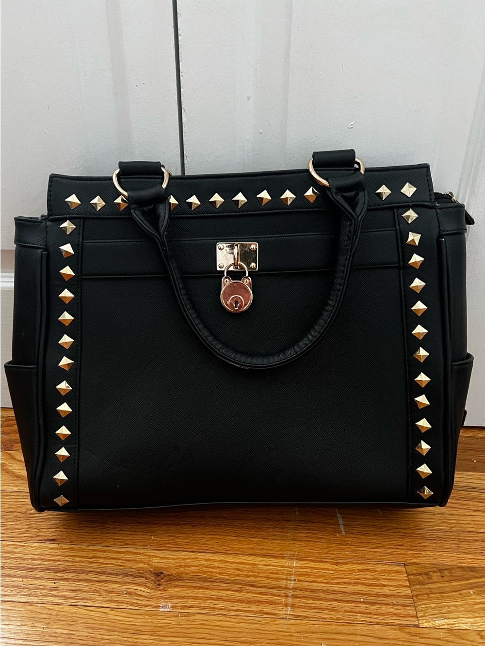 Black Studded Cabrelli & Co. Satchel with Gold Lock - Women’s Structured Handbag